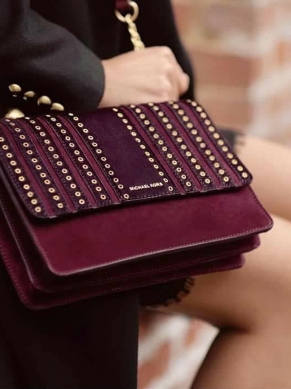 Michael Kors Burgundy Velvet Studded Crossbody Bag with Gold Hardware